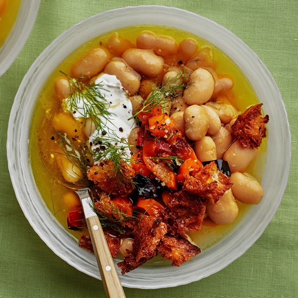 Creamy braised beans with charred pickles and croutons [Julia Doran / Jason Vaughn, Tiny Champions]