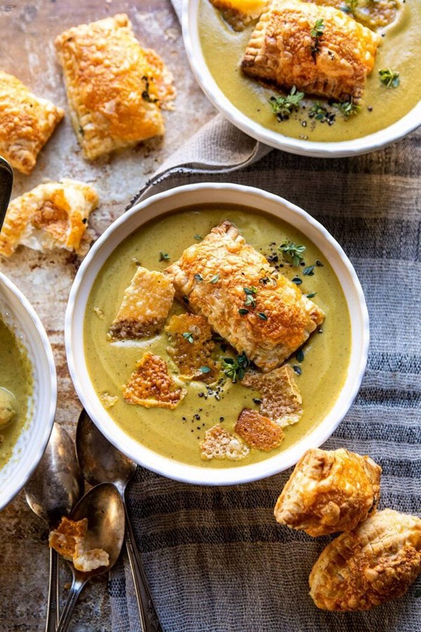 Creamy broccoli and butternut squash soup with cheddar Brie pastries