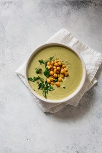 Creamy broccoli and cheddar soup with cheesy chickpeas