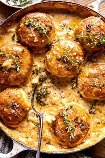 Creamy broccoli cheddar casserole with garlic butter pretzels