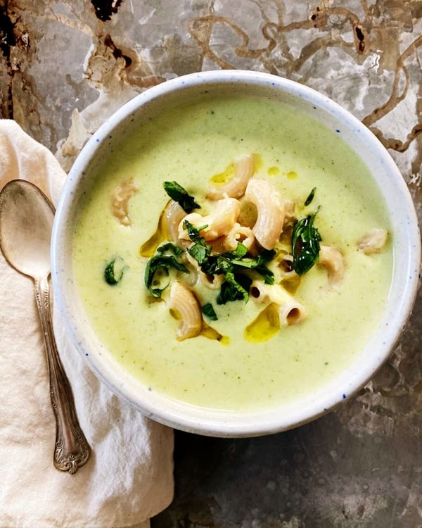 Creamy broccoli soup with cheesy macaroni