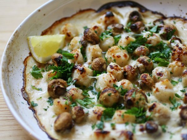 Creamy broiled scallops Mornay