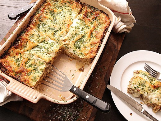 Creamy Brussels sprouts and mushroom lasagna
