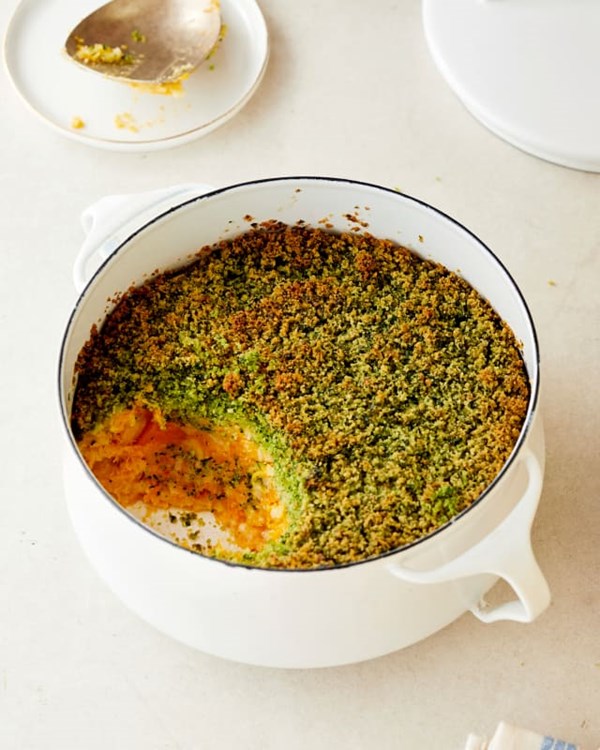Creamy butternut squash squash casserole with herbed bread crumbs
