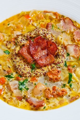 Creamy cabbage and double smoked bacon soup