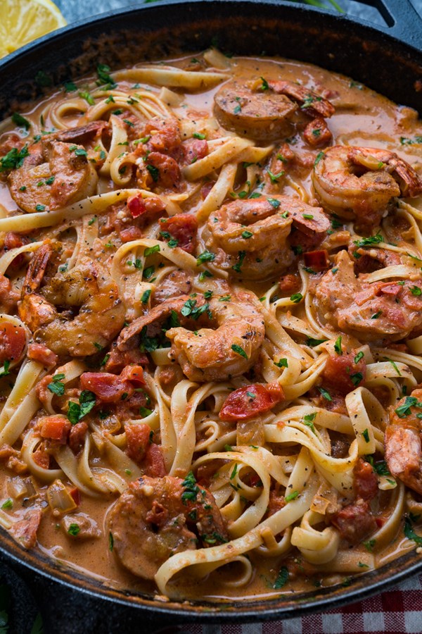 Creamy Cajun tomato and garlic shrimp pasta