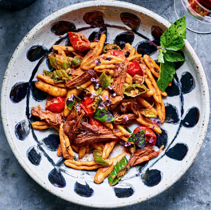 Creamy cavatelli with braised pork, shishito peppers & basil