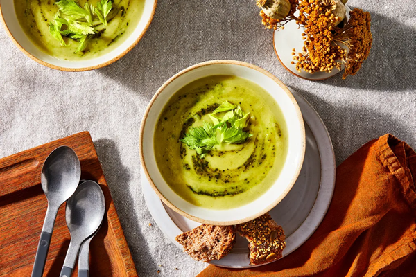 Creamy celery soup with brown butter & pesto