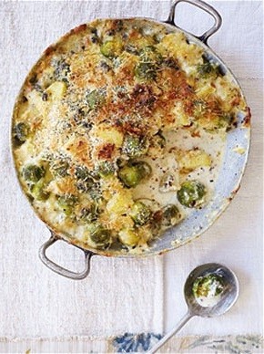 Creamy cheese, Brussels sprout and almond gratin
