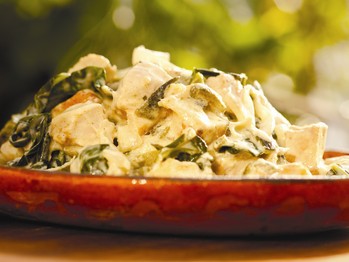 Creamy chicken and greens with roasted poblano and caramelized onion (Pollo a la crema con quelites, chile poblano asado y cebolla caramelizado)
