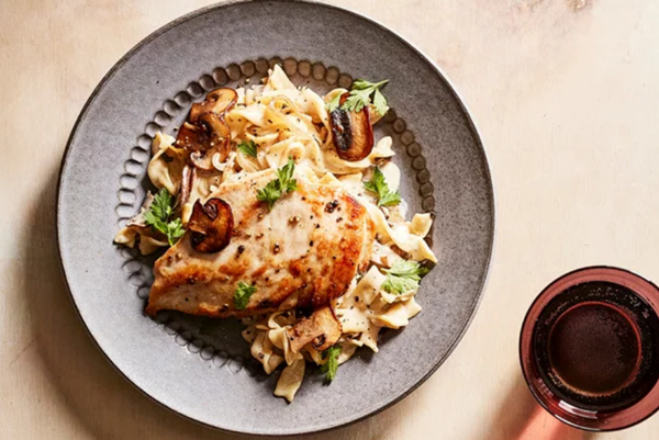 Creamy chicken and mushrooms with egg noodles