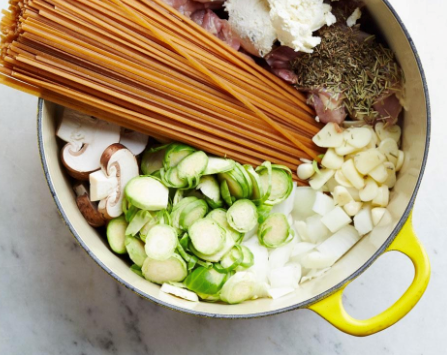 Creamy chicken, Brussels sprouts & mushroom one-pot pasta