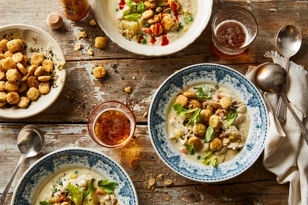 Creamy chicken chowder with garlic-Parmesan oyster crackers