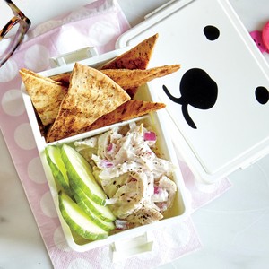 Creamy chicken salad with pita chips