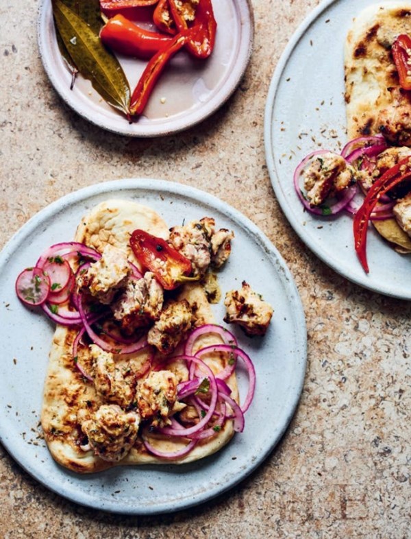 Creamy chicken skewers with green chilli and coriander (Murgh malai tikka)