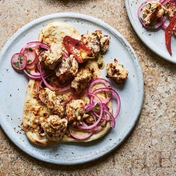 Creamy chicken skewers with green chilli and coriander (Murgh malai tikka)