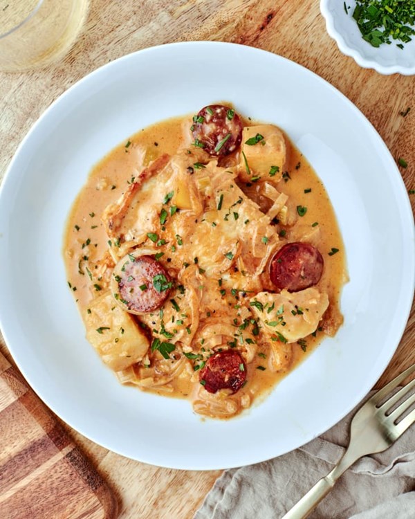 Creamy chicken with potatoes, chorizo, and leeks
