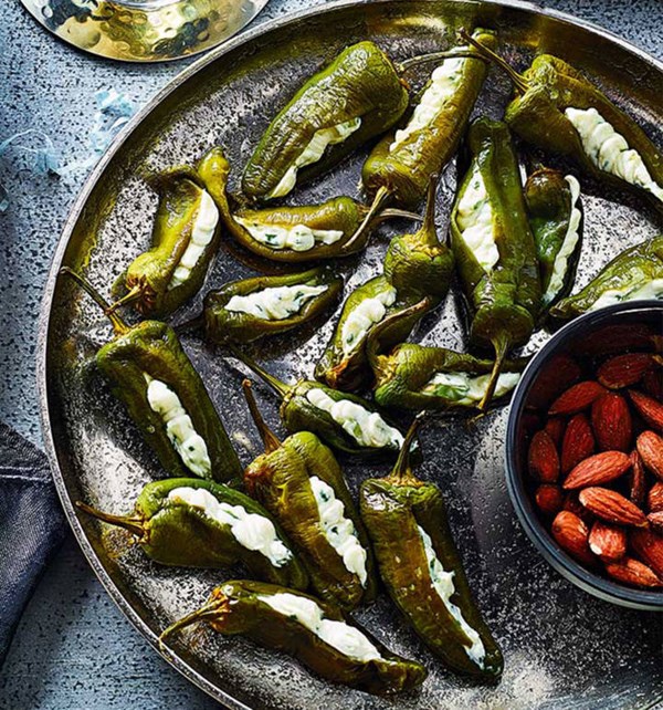 Creamy chive and onion-filled Padrón peppers