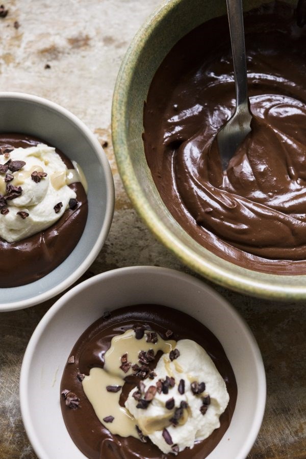 Creamy chocolate pudding with sesame whipped cream