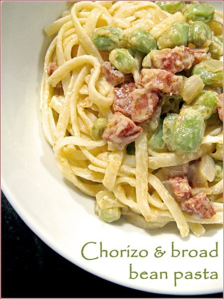 Creamy chorizo and broad bean pasta