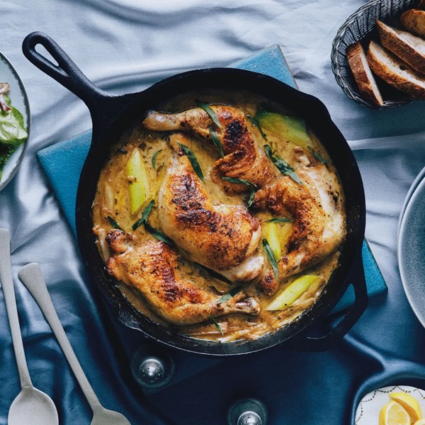 Creamy cider-braised chicken and leeks