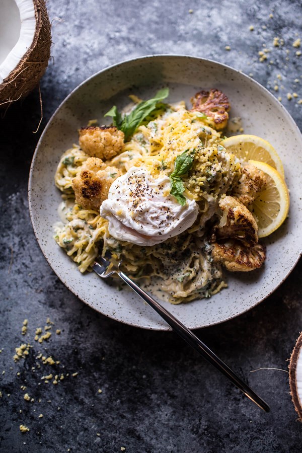 Creamy coconut cashew spaghetti squash "Alfredo" with roasted cauliflower 