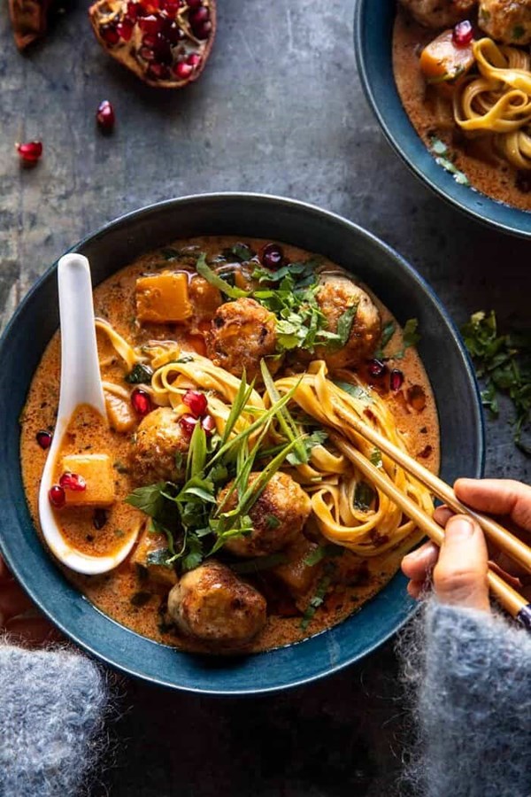 Creamy coconut chicken meatball and noodle curry