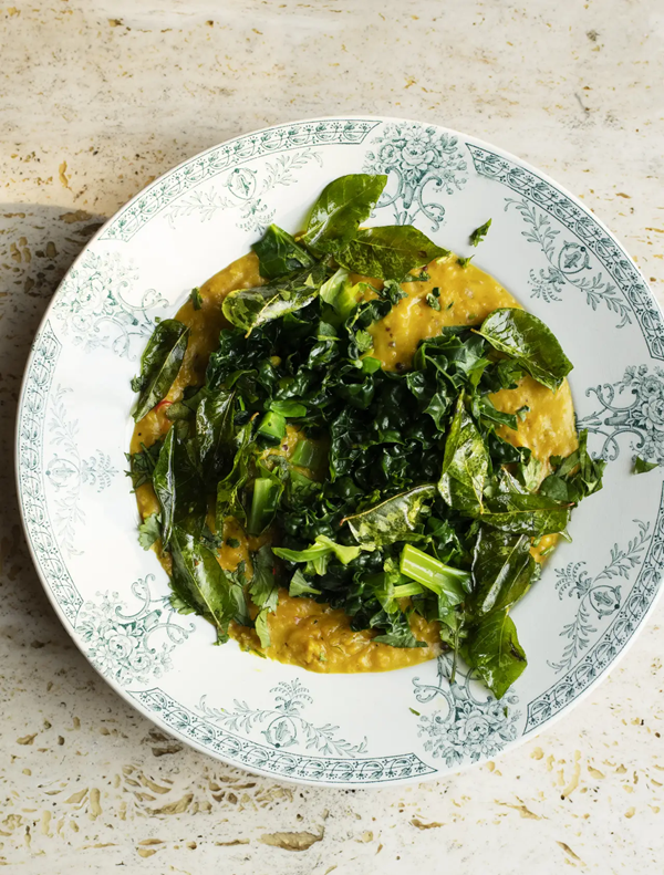 Creamy coconut lentils, spring greens