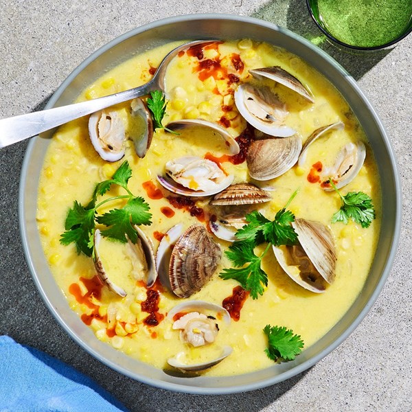 Creamy corn and clam chowder with crispy chorizo