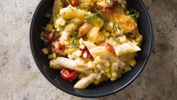 Creamy corn and tomato pasta bake
