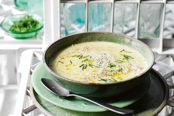 Creamy corn, chive and bacon soup