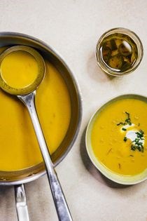 Creamy corn soup with jalapeño oil