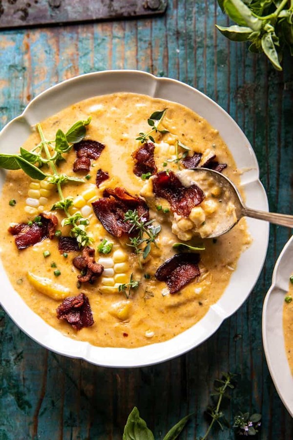 Creamy corn, zucchini, and bacon chowder