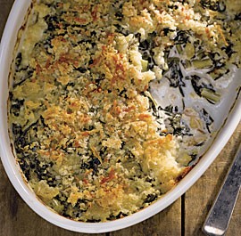 Creamy dandelion greens and goat cheese gratin
