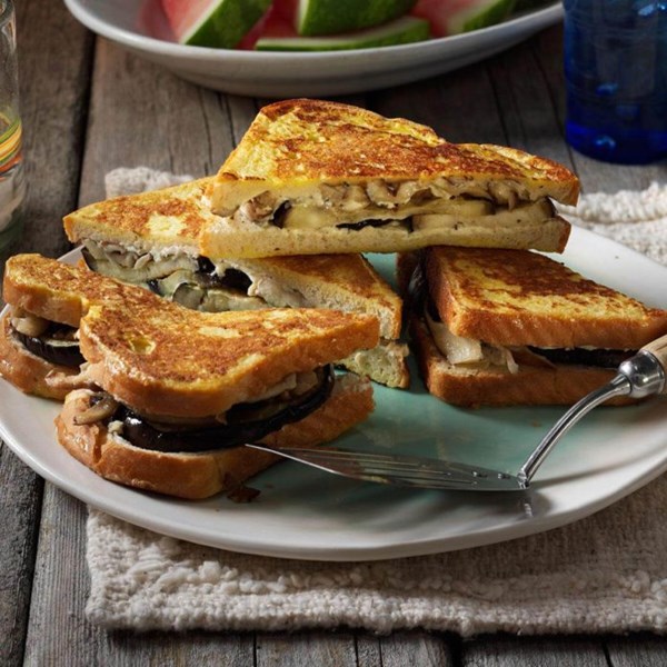 Creamy eggplant & mushroom Monte Cristo