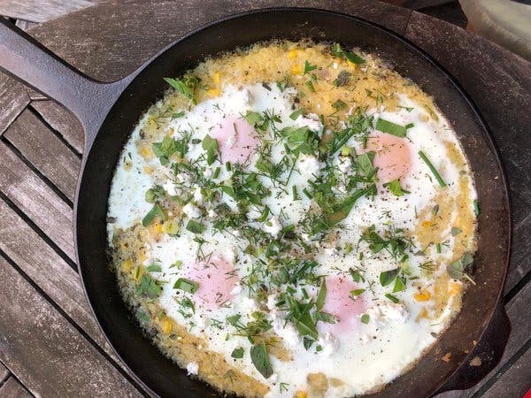 Creamy, eggy polenta, dotted with corn