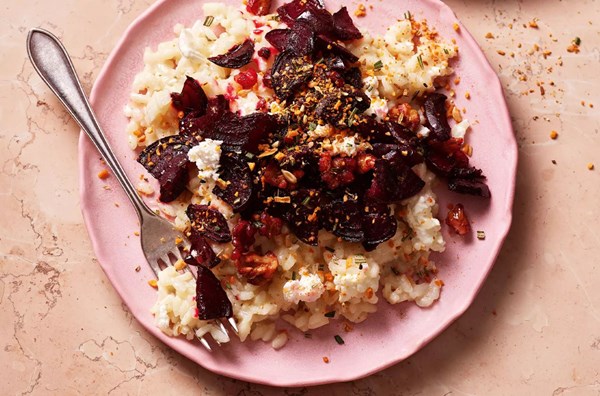 Creamy feta rice with beetroot, nuts & rosemary dukkah