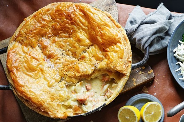 Creamy fish pie with mushy peas and celeriac remoulade