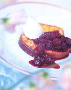 Creamy fried slice with blackberry-jam sauce and extra-thick cream