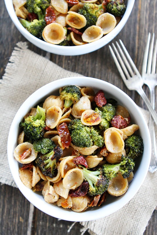 Creamy goat cheese pasta with roasted broccoli and sun-dried tomatoes
