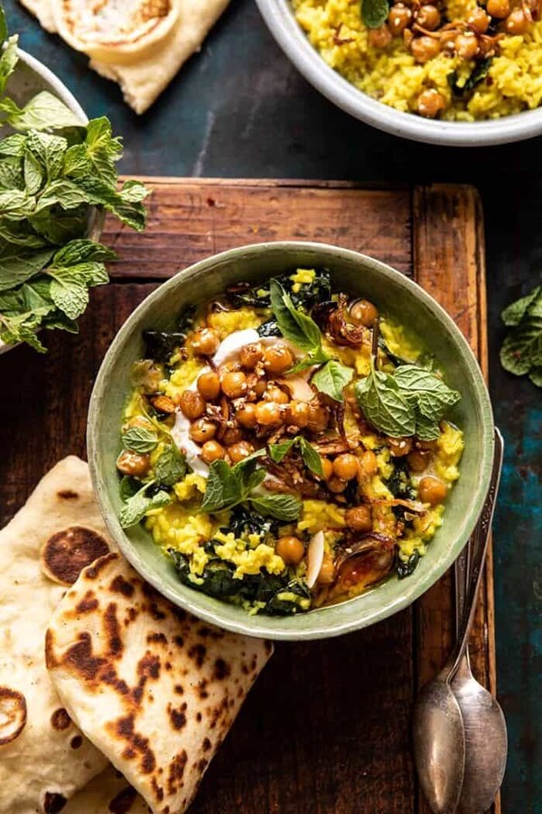 Creamy golden rice with spiced chickpeas