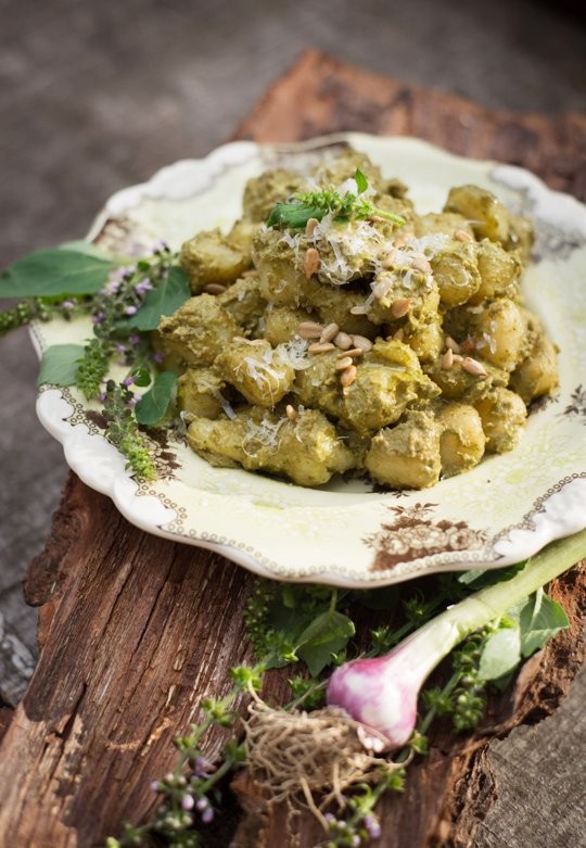 Creamy green garlic & avocado pesto over gnocchi