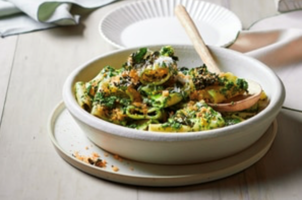 Creamy greens pasta with lemon and cavolo nero pangrattato