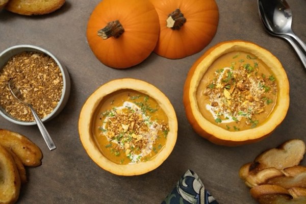 Creamy harissa pumpkin soup and pumpkin seed dukkah