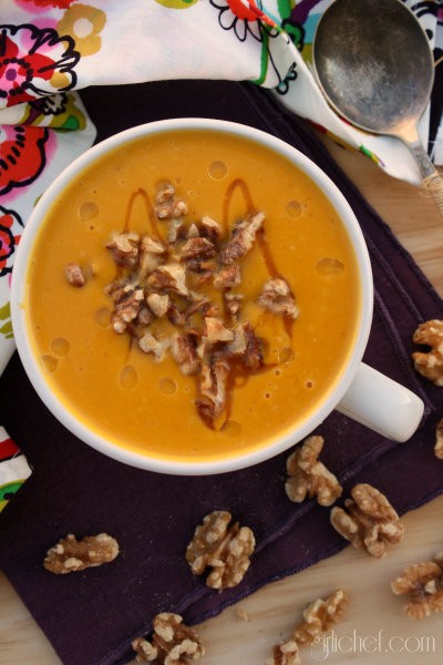 Creamy kabocha squash soup with toasted walnuts, honey, & truffle oil