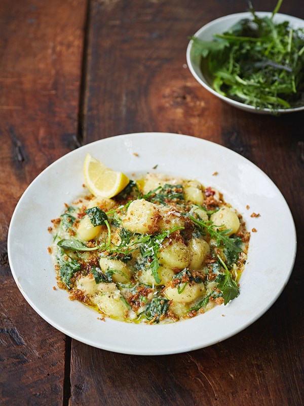 Creamy kale gnocchi with crispy breadcrumb sprinkle
