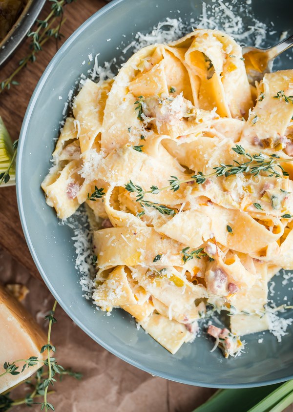 Creamy leek and pancetta pappardelle pasta