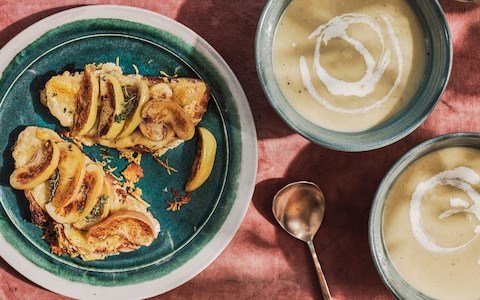 Creamy leek, potato and cider soup with cheese and apple toasts
