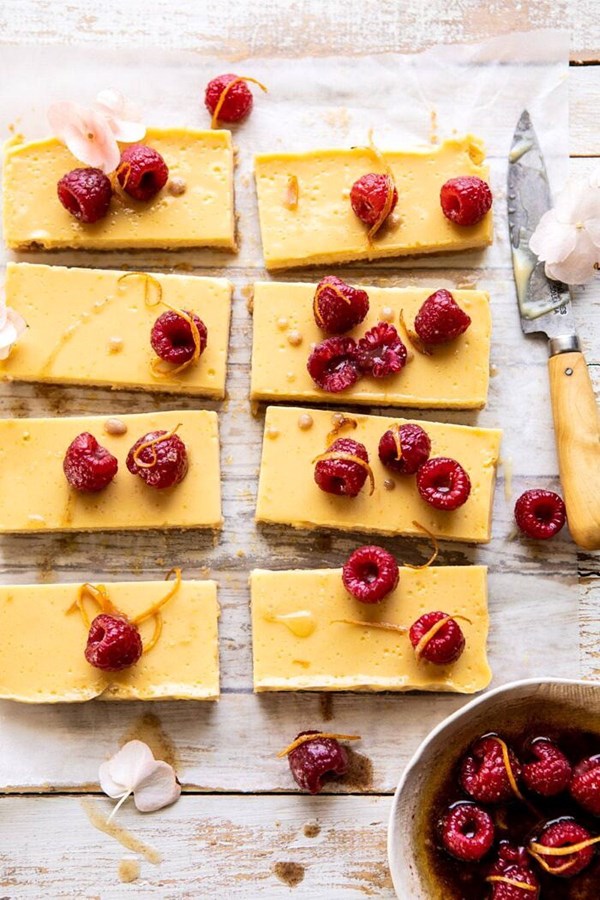 Creamy lemon bars with browned butter raspberries