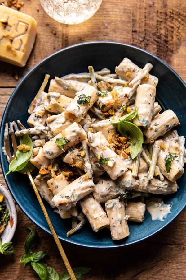 Creamy lemon basil and asparagus ricotta pasta with spicy breadcrumbs